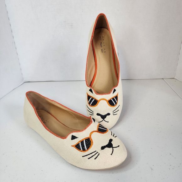 Hot Polka Dot Shoes - Cat Face Shoes Flats Womens 9.5 Kitten Embroidered Hot Polka Dot Cream Orange